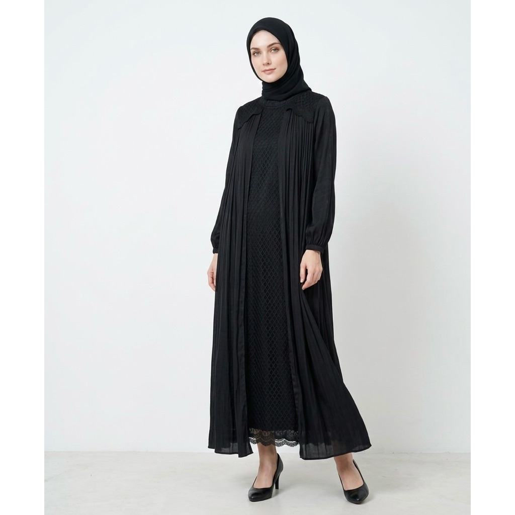 Gamis Hitam Elegan Wanita Model Rompi Menyatu - Fit up to XXL | CLEOSA