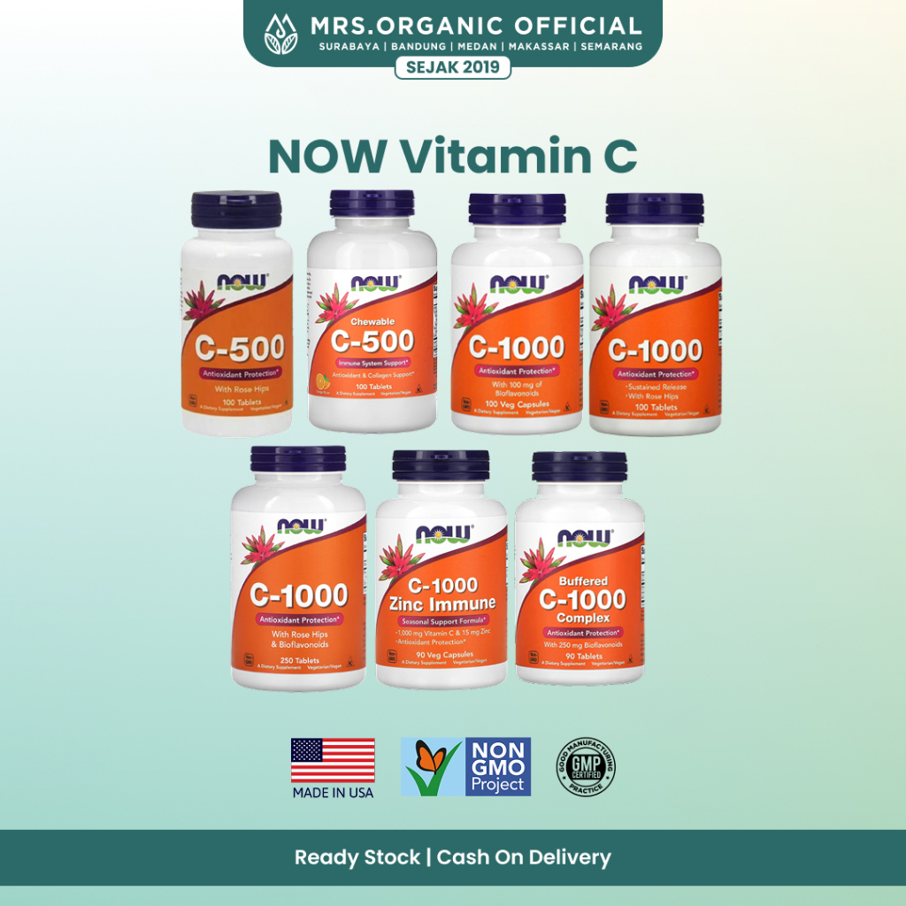 Suplemen Vitamin C 500 1000 IU Now Foods Buffered Tablet Capsules Chewable