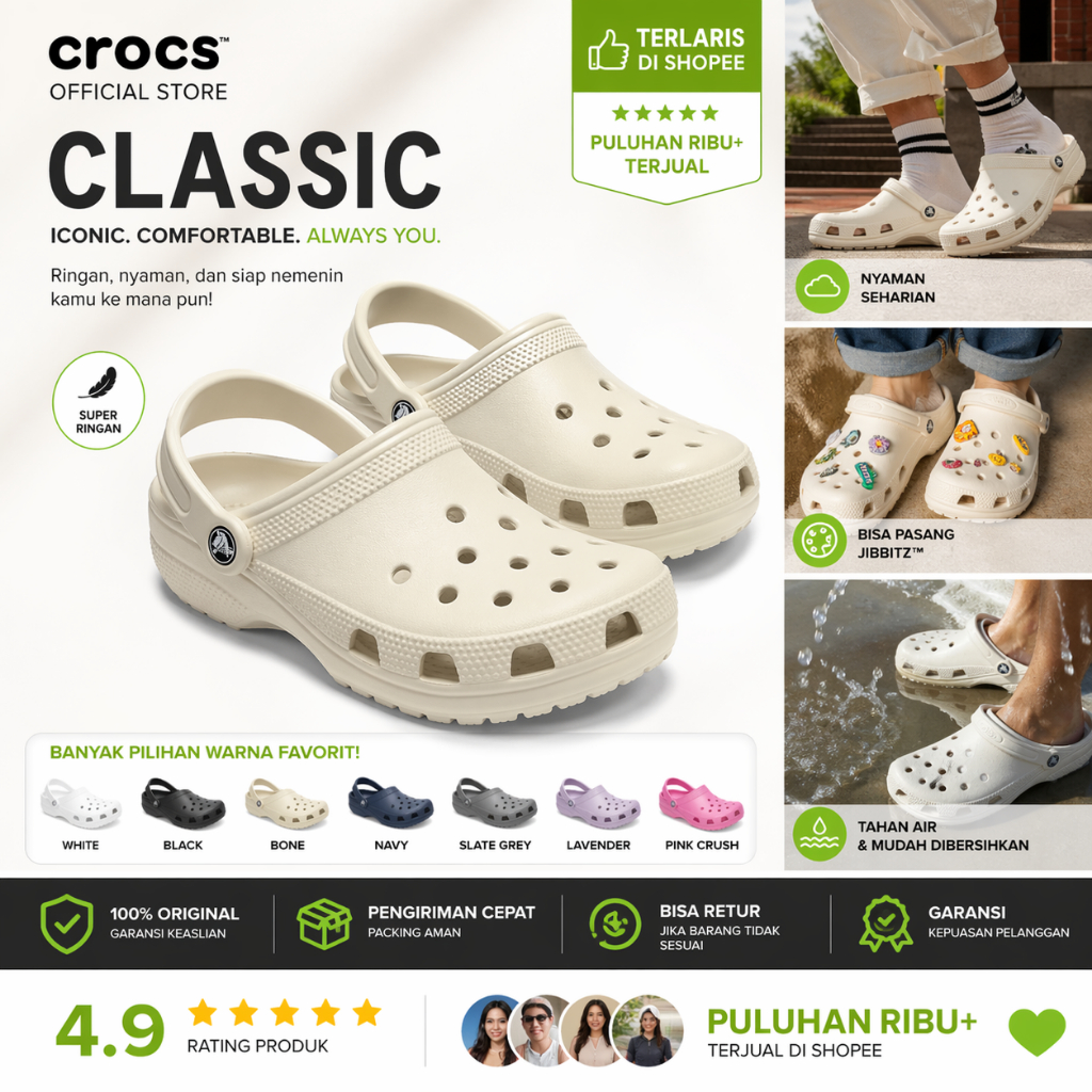 100% ORIGINAL Sendal Crocs Classic Unisex Bahan Adem Nyaman Sendal Crocs Clog Pria Wanita