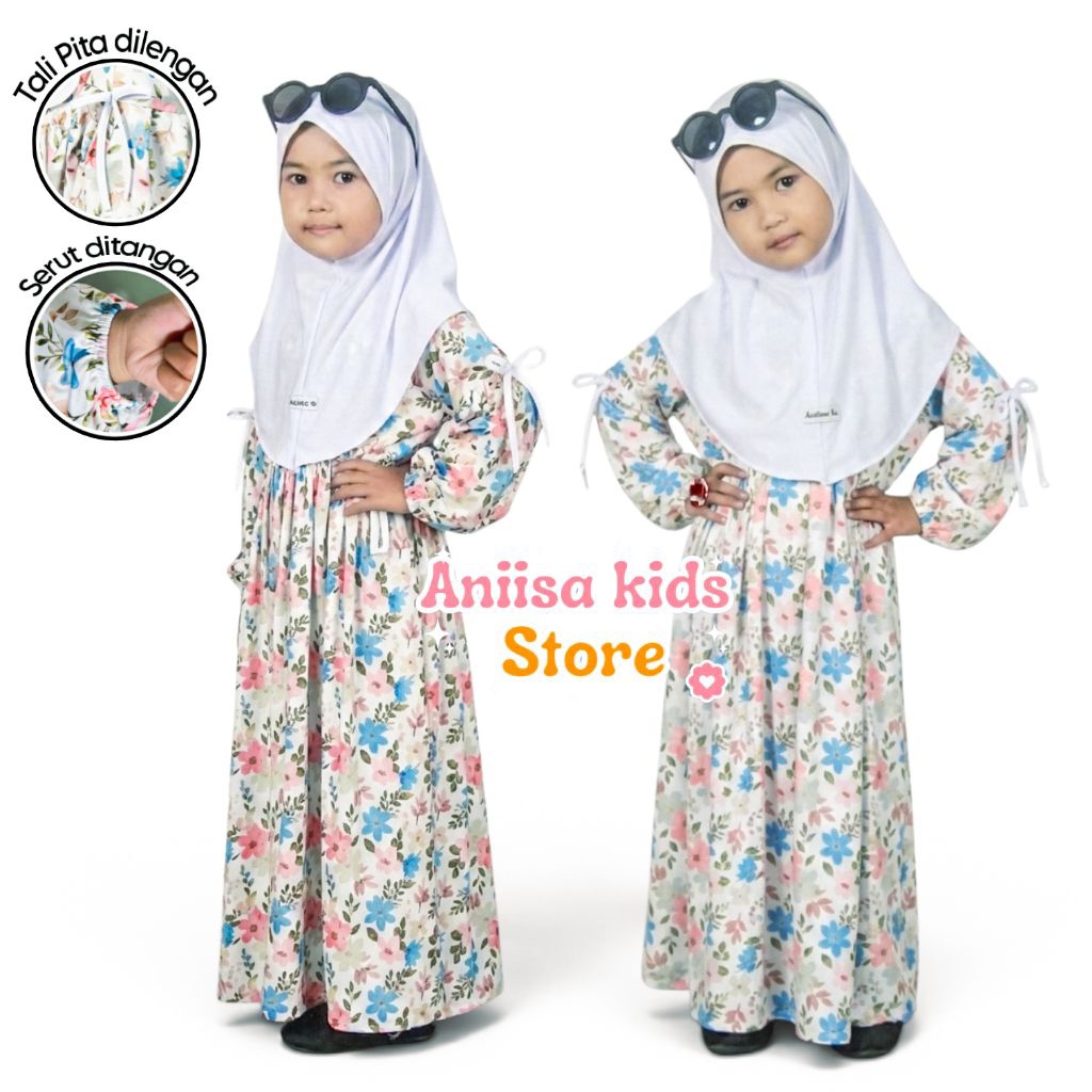 Gamis Anak Naila Motif bunga Serut Pinggang Usia 0-12 Tahun Free Hijab Bahan Jersey Halus dan Lembut