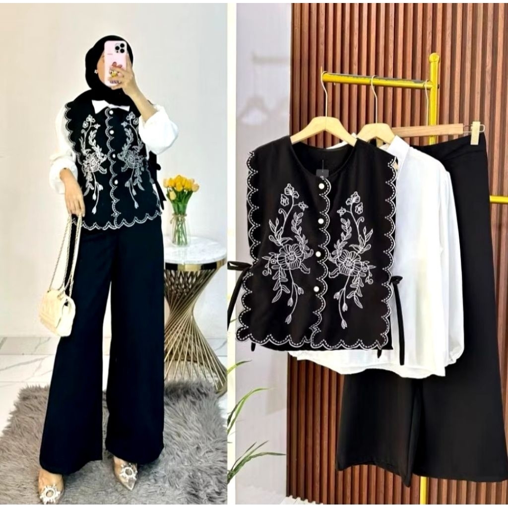 VENTI SET 3IN1 / ONE SET 3IN1 VEST KOREA / SETELAN 3IN1 BORDIR CELANA WANITA DEWASA