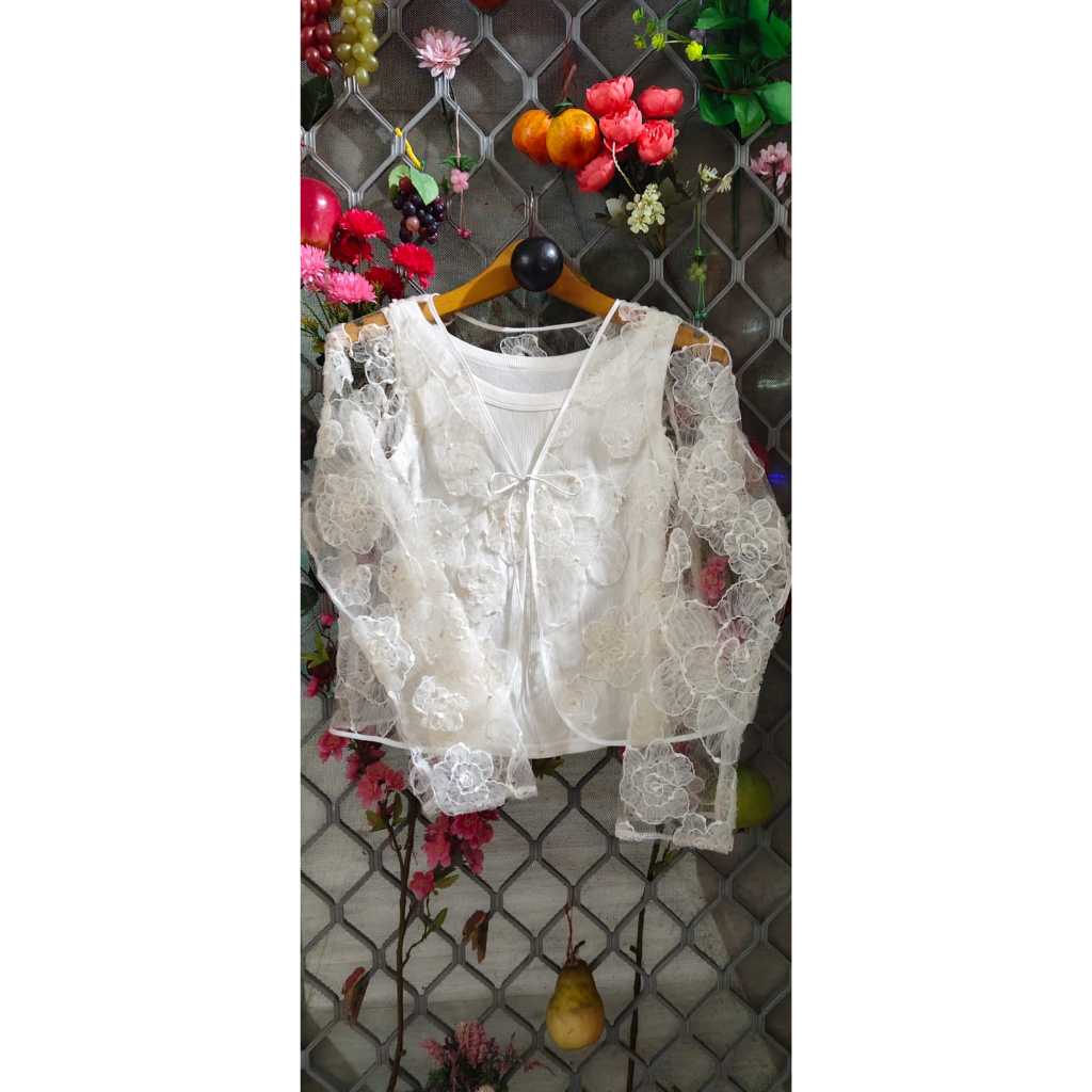 [ Kireida ] Yugana ~ Vest Cardigan motif bunga tile lilit warna gading dan hitam ~