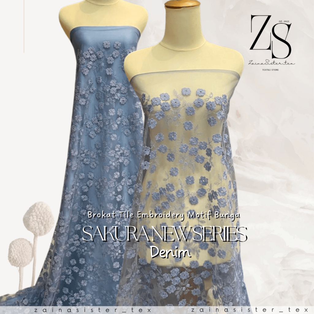 Kain Kebaya Brokat Tile Embroidery Bunga Sakura Series Biru Denim Blue Elegan Mewah