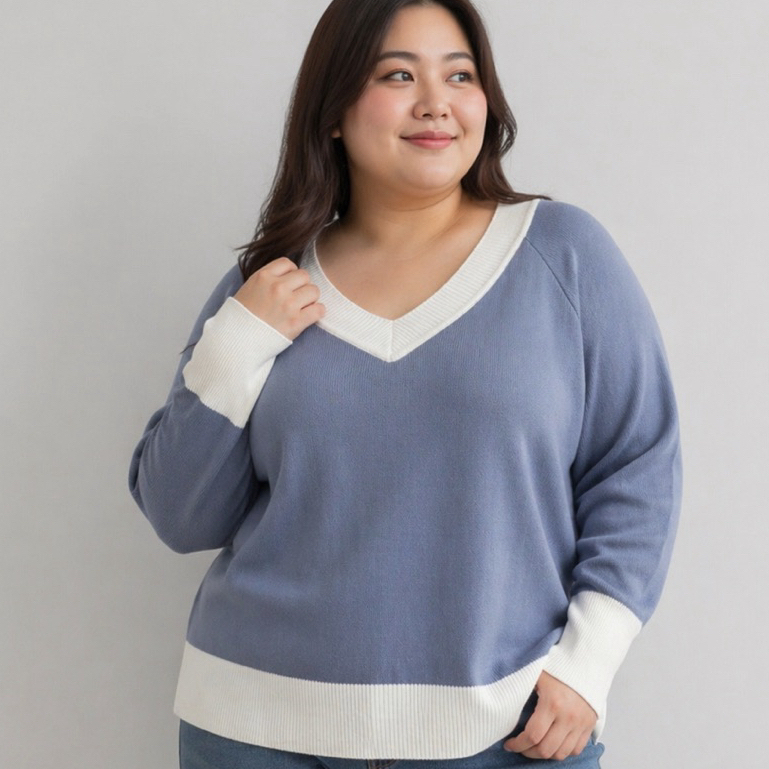 Baju Atasan Wanita Jumbo – Sweater Rajut V-Neck Hitam Putih Trendy