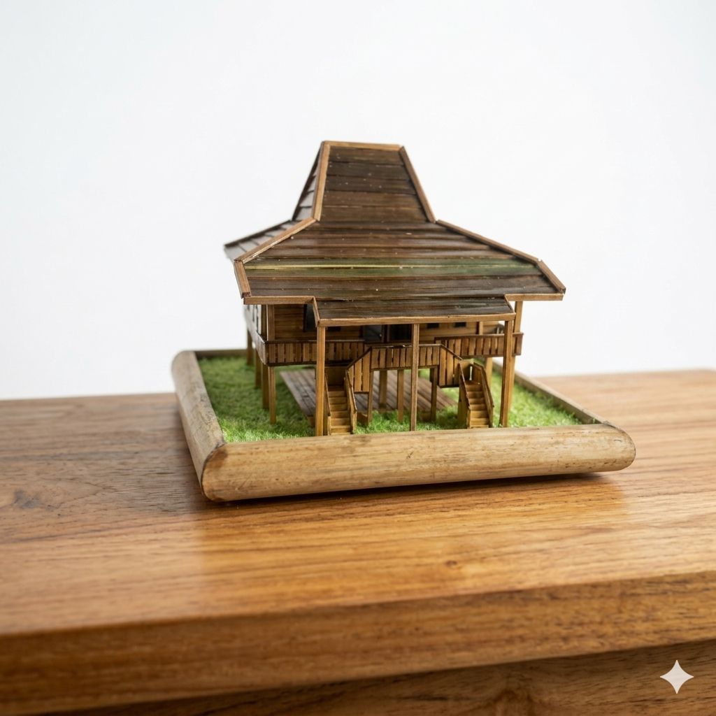 miniatur rumah adat lampung nuwo sesat terbuat dari bambu
