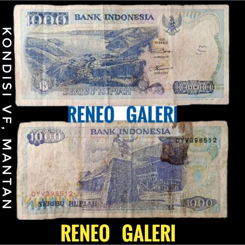 VF 1000 Rupiah Tahun 1992 Lompat batu nias danau toba Uang kertas kuno Indonesia duit lama original 