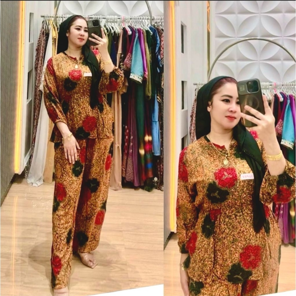 setelan storjoan motif batik buga2 bahan rayon tuwil
