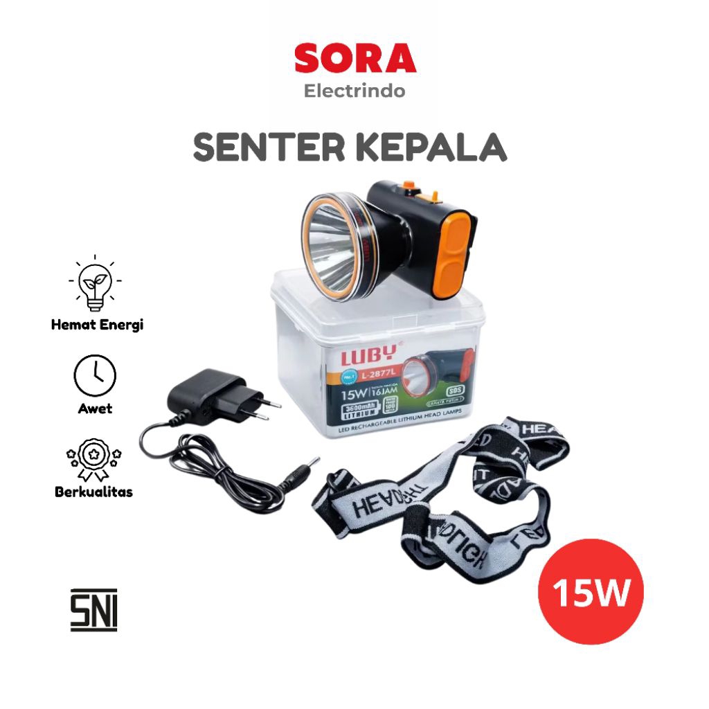 Senter Kepala Super Terang Luby 15 Watt Lampu Led Cahaya Putih L-2877L 45W Senter Camping Headlamp T