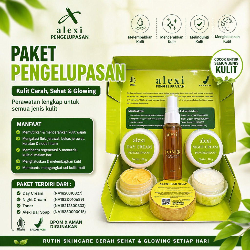 ALEXI SKINCARE BPOM 4 item - Paket Perawatan Wajah Pencerah All Skin | Day Cream, Night Cream, Toner