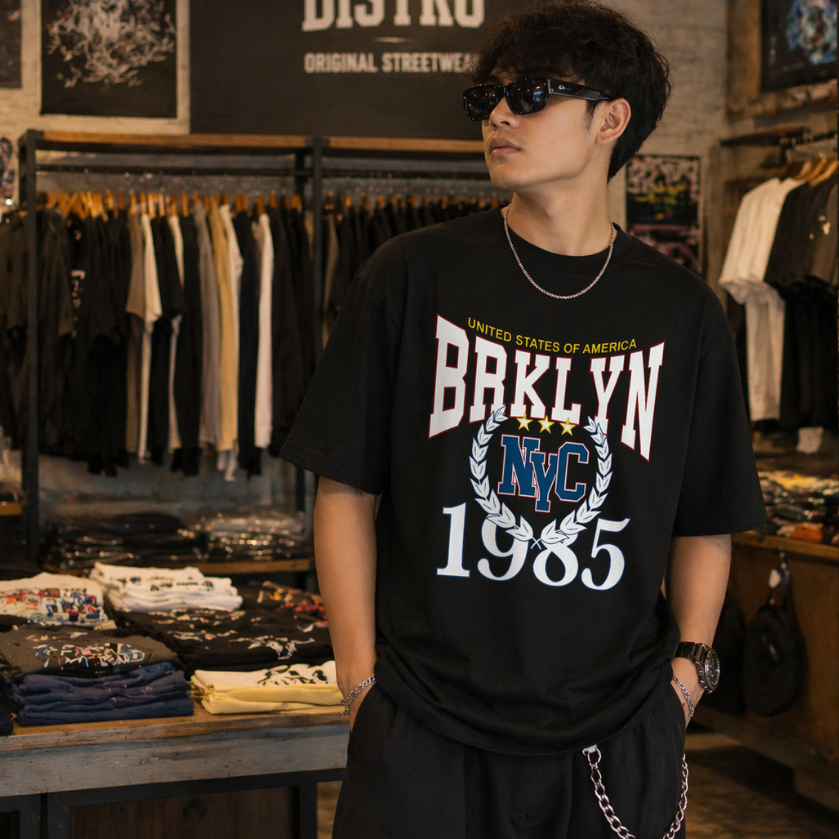 Kaos Pria Hitam Brooklyn NYC 1985 Desain Streetwear Original
