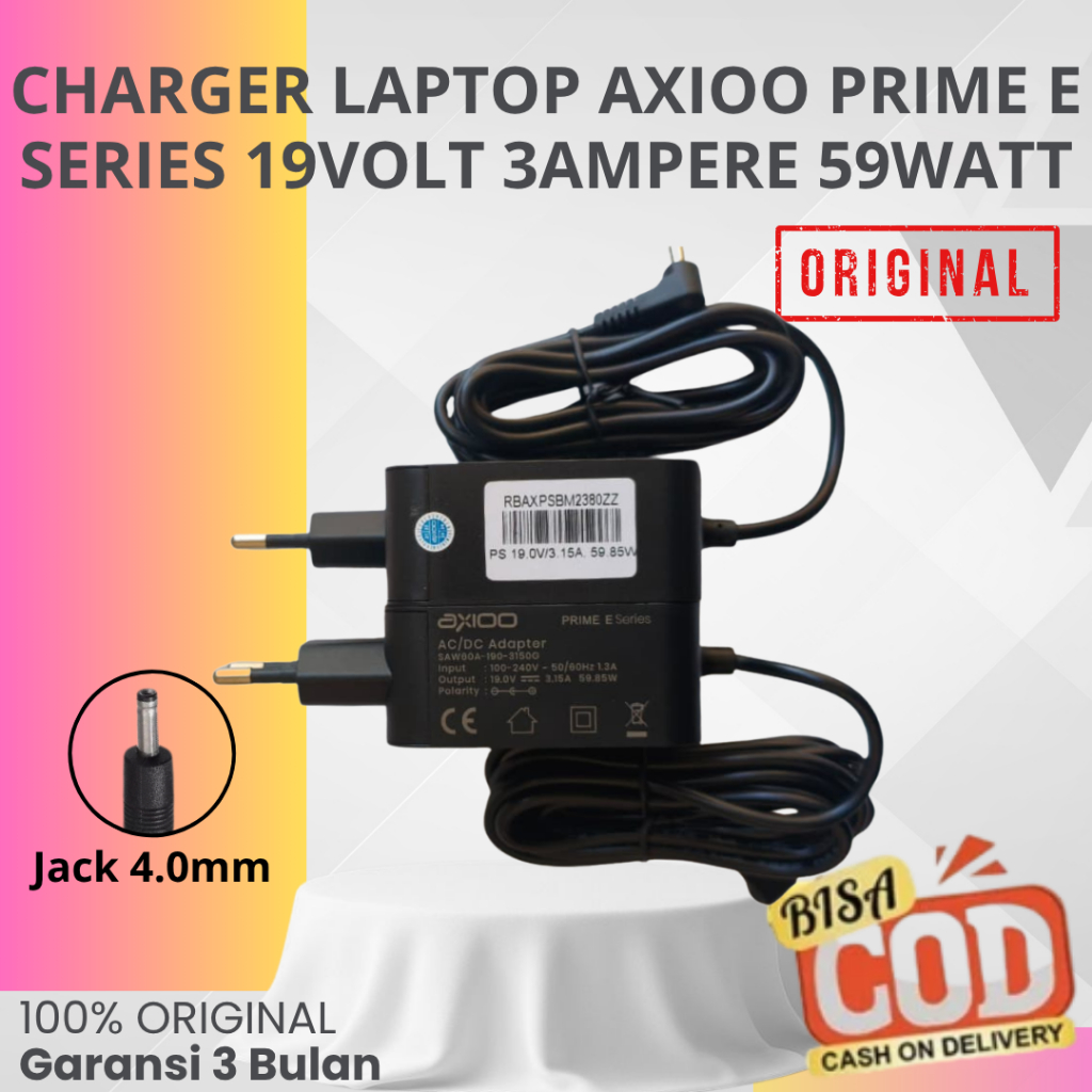 adaptor cas laptop axioo prime e series 19v 3a 59w garansi 3 bulan original