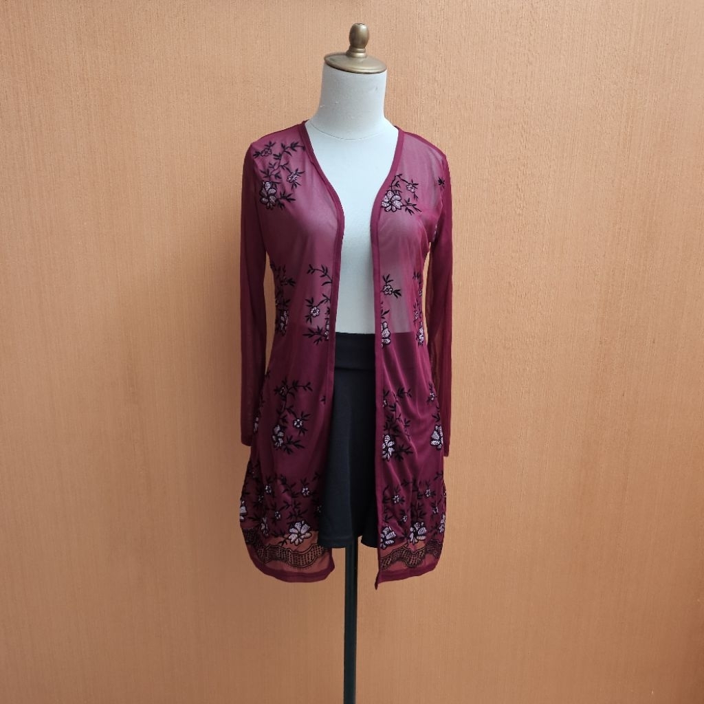 lomg cardigan wanita merah maroon S cewek M lengan panjang transparan santai outer