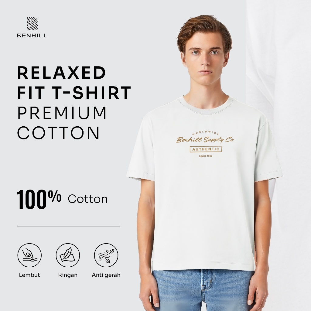 BENHILL Relaxed Fit T-shirt Premium Cotton Kaos Pria Graphic Lengan Pendek Nyaman Off White A773
