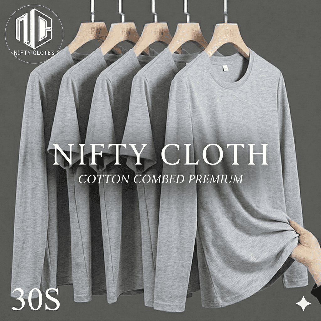 Niftycloth Kaos Polos Dewasa Lengan Panjang Abu Sedang
