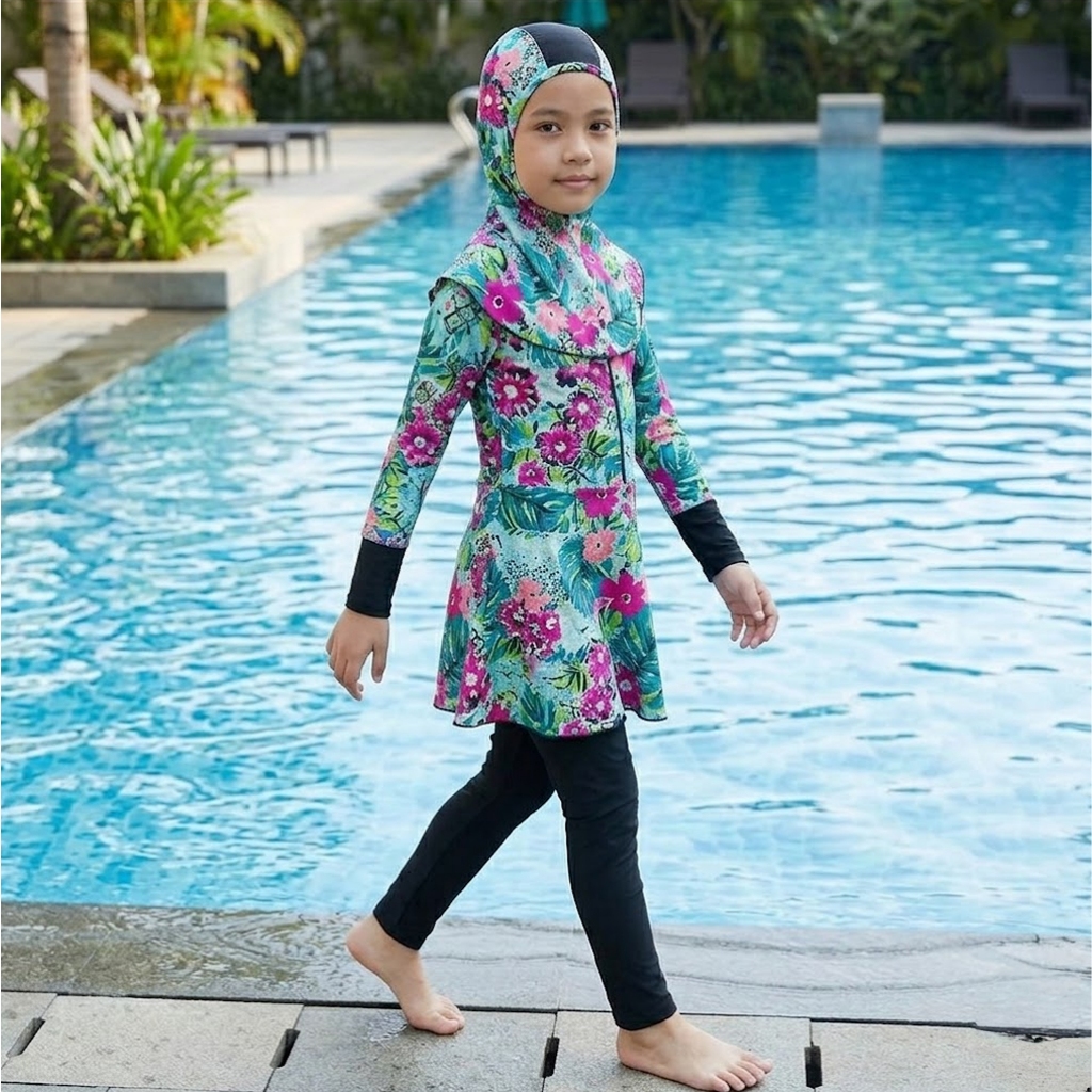 Baju Renang Anak Muslim Usia 6-10 Th (BB 20-35 Kg) Motif Bunga