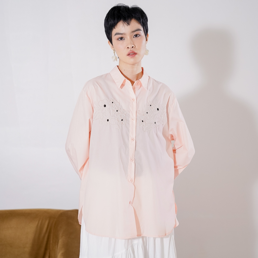 This Is April Oakley Kemeja Lengan Panjang Wanita Casual Chic Pink Peach & White