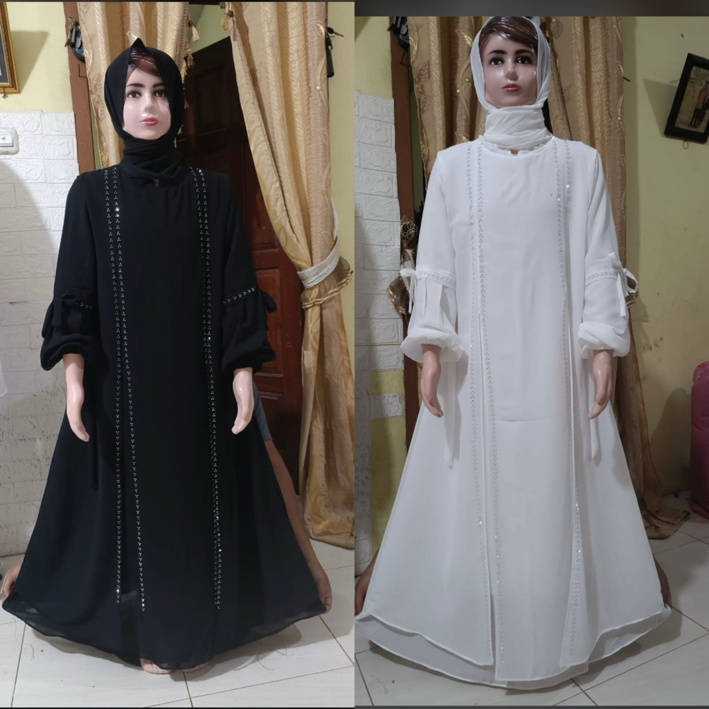 GAMIS MUSLIM ANAK PEREMPUAN KHUSUS WARNA PUTIH DAN HITAM BAHAN CERUTY PREMIUM MIX RENDA DADA SET HIJ