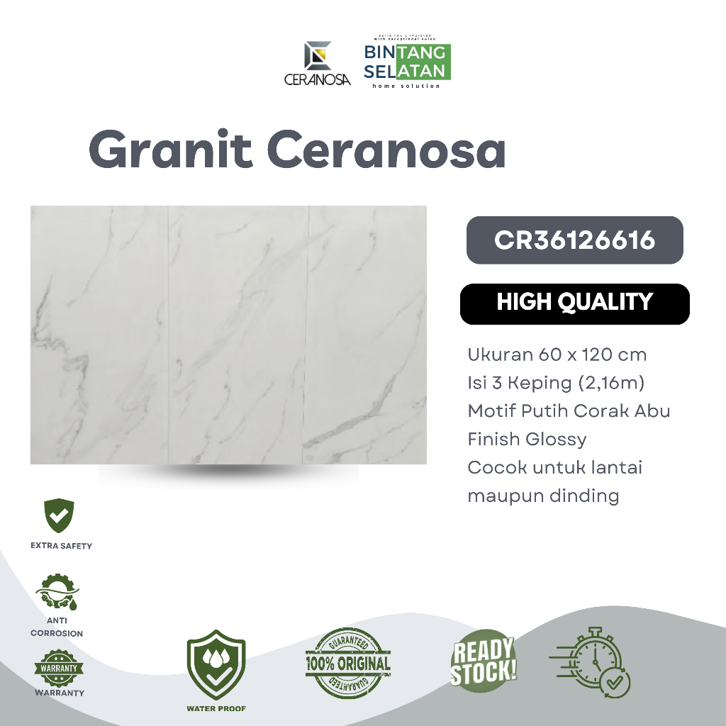 Granit Ceranosa CR36126616 60x120 cm Isi 3 Keping Putih Corak Abu Glossy