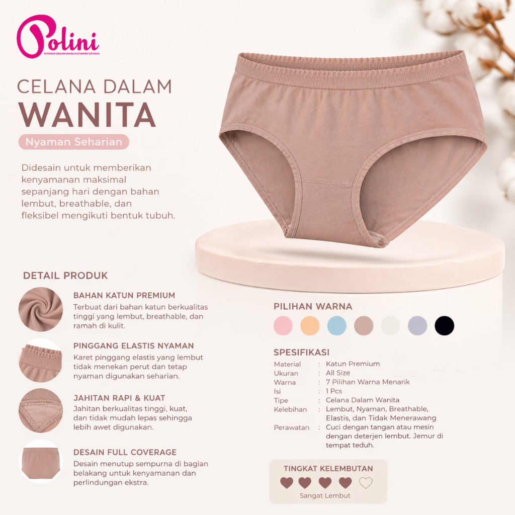 POLINI Celana Dalam Wanita Motif Cd Bahan Katun Bamboo Mid Waist Elastis 614