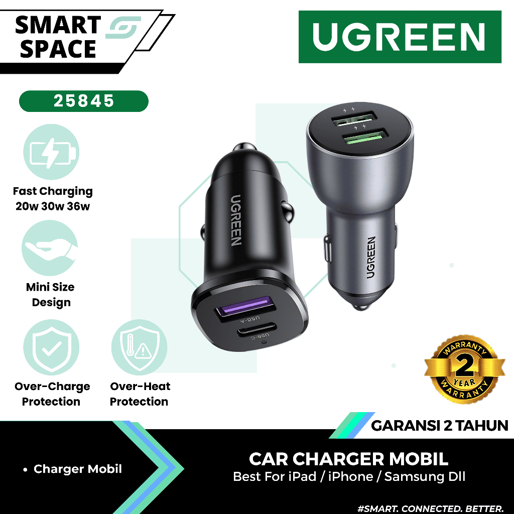UGREEN Car Charger Mobil Dual Port USB A + USB C Fast Charging 24W 36W - Garansi Resmi 2 Tahun