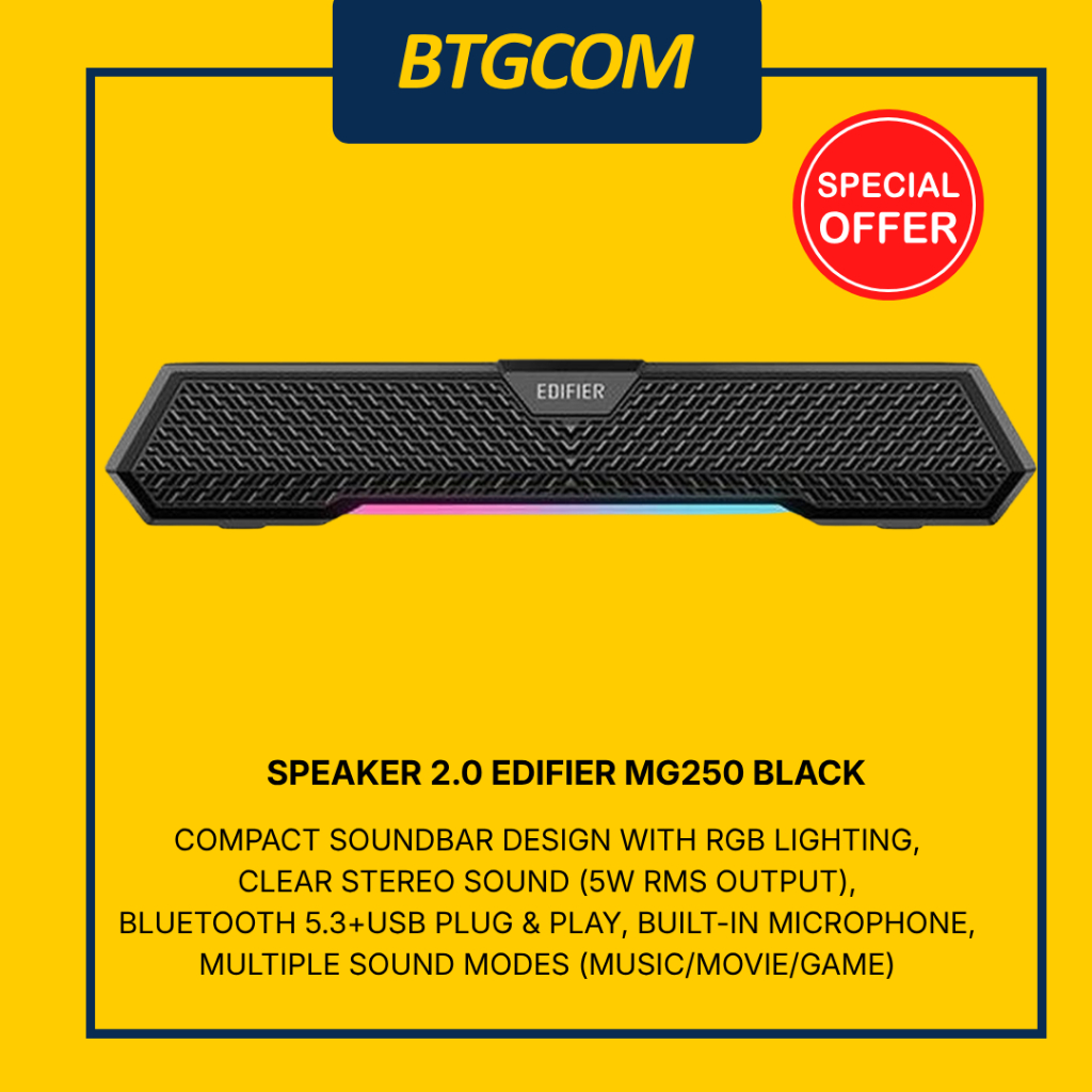 SPEAKER EDIFIER MG250 MG 250 2.0 BLACK MULTIMEDIA SPEAKER BLUETOOTH RGB LIGHT EFFECT WITH MIC MICROP