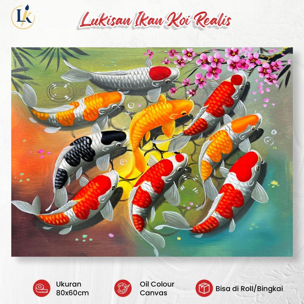Lukisan Kanvas - Lukisan Ikan Koi dan Arwana 60x80cm Handmade Hiasan Dinding Ruang Tamu