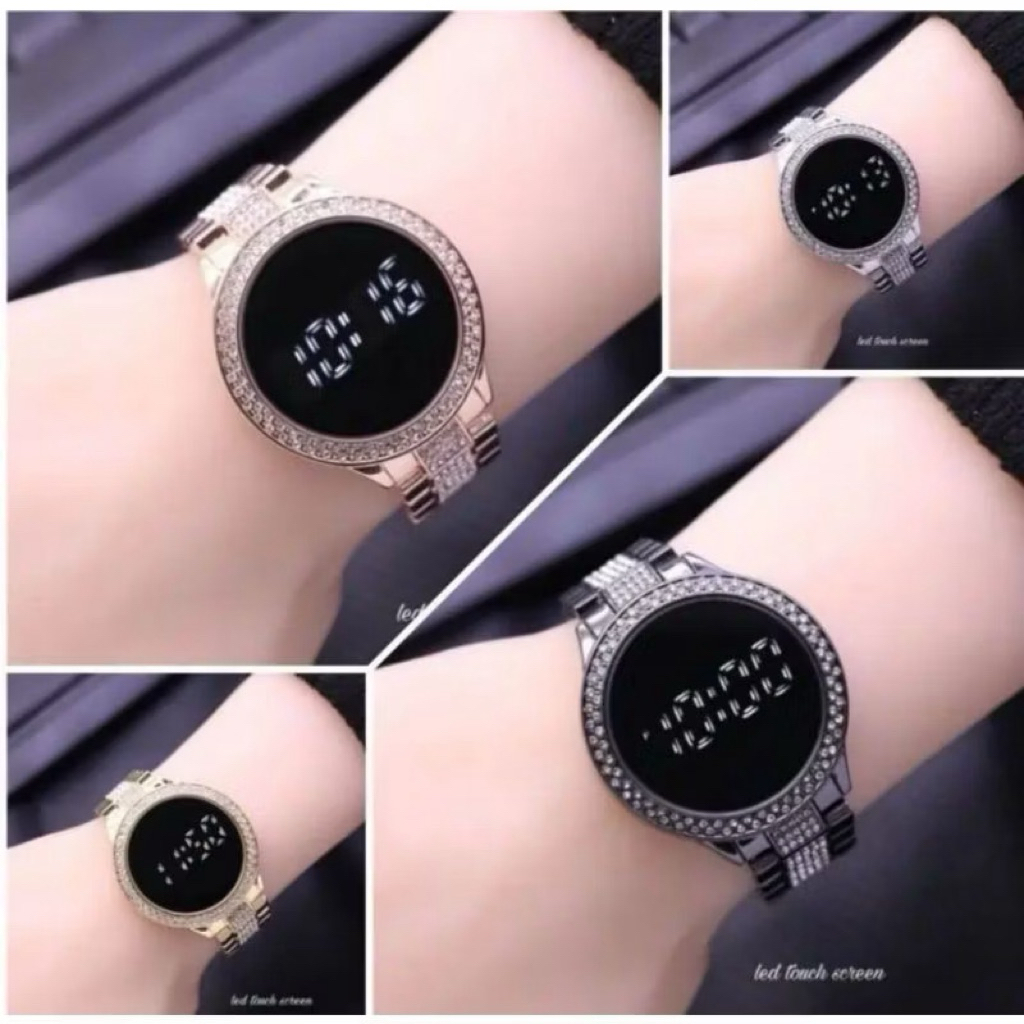 (Cod)Jam Tangan Wanita Led Touch Scren Bulat Mata Diamond Strap Rantai/Stell(Terima Cod)