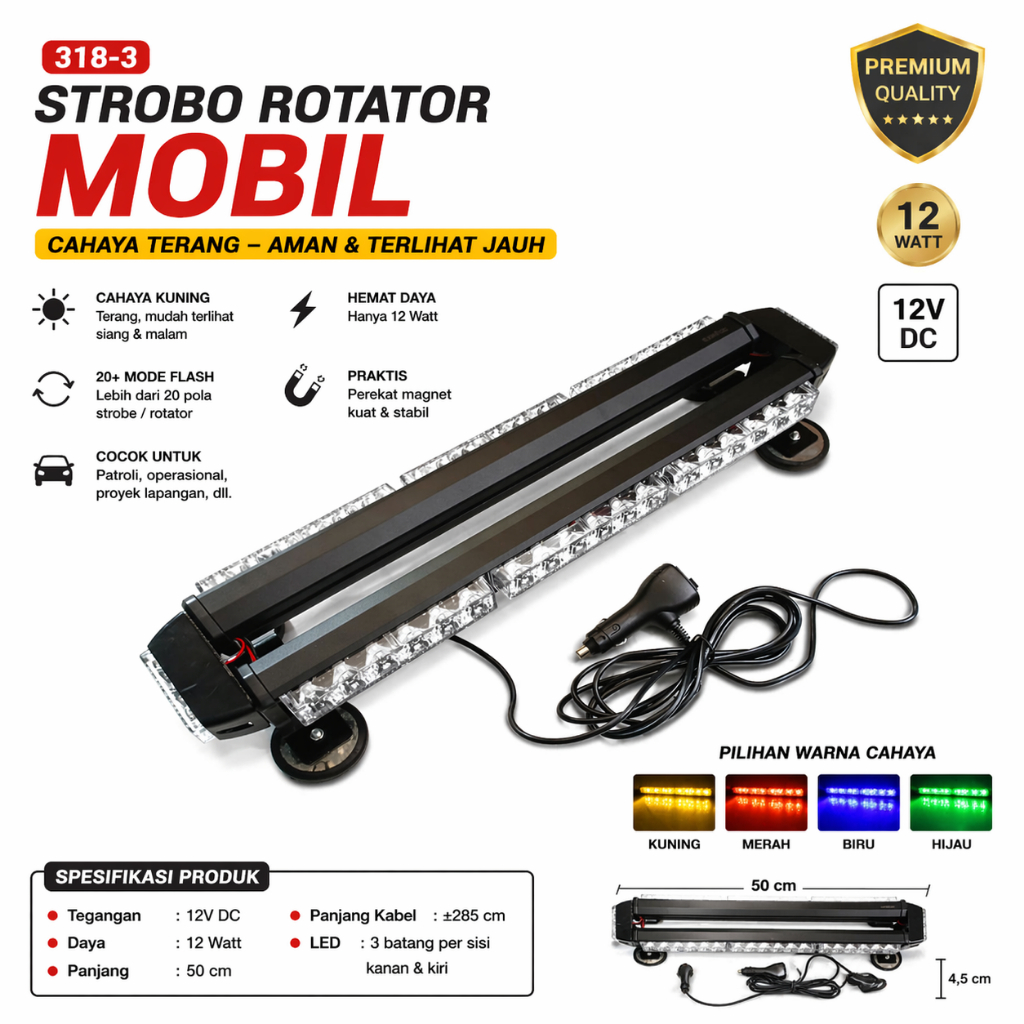 Lampu led strobe rooftop kuning 318-3 mobil sirine patwal darurat