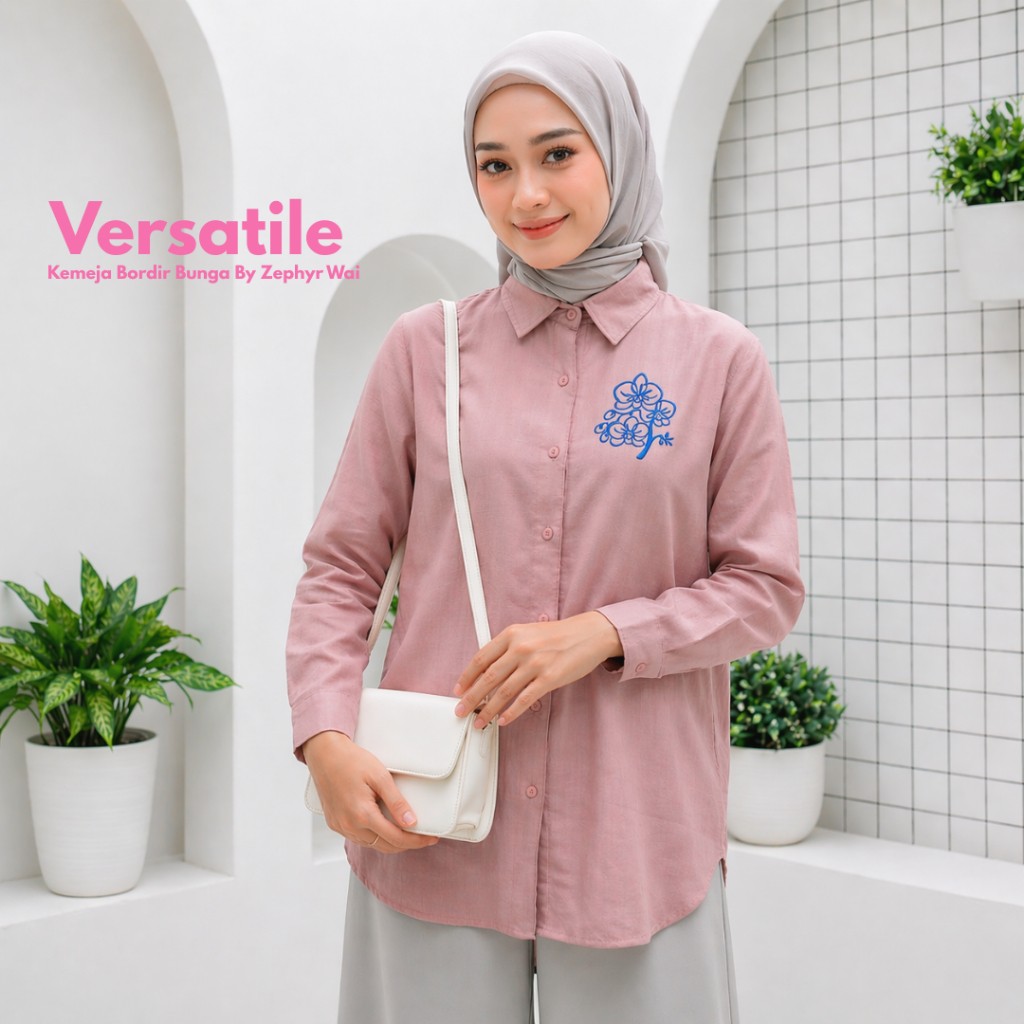 VERSATILE - Kemeja wanita oversize linen bordir bunga anggrek lengan panjang atasan shirt pink By Ze