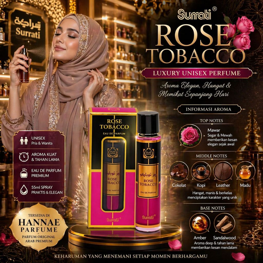 Parfum Surrati Rose Tobacco 55ML Spray Original Arab Saudi Unisex Tahan Lama Aroma