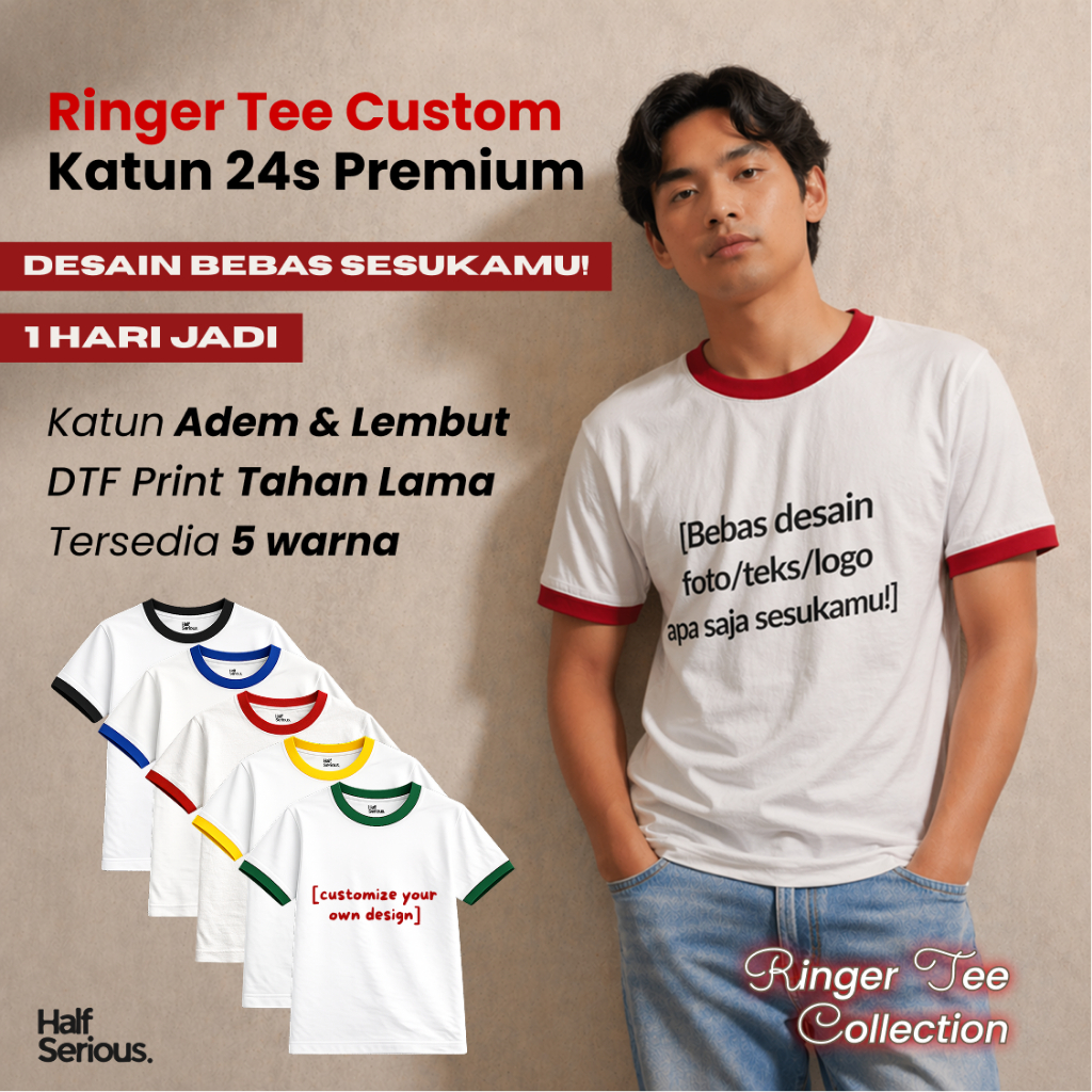 [CUSTOM] Kaos Custom Ringer Tee Unisex Premium – Bebas Buat Desain Sendiri | Kaos Couple Custom | Ka