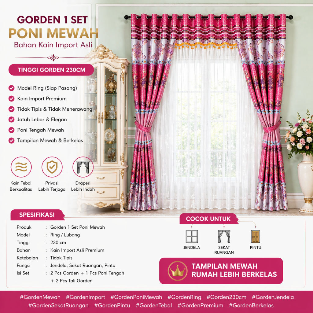 Gorden Poni Mewah 1 Set 230cm READY STOCK | Kain Import Tebal Tidak Menerawang | Tirai Jendela Pintu