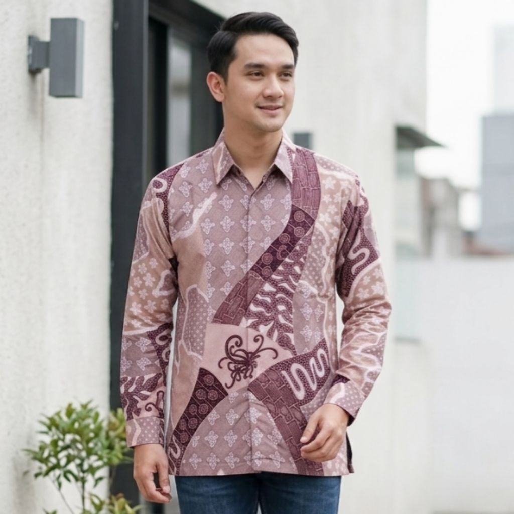 Batik Pria Lapis Furing Lengan Panjang Pink Rose Gold Bahan Katun Solo Reguler – Seragam Batik Pria 