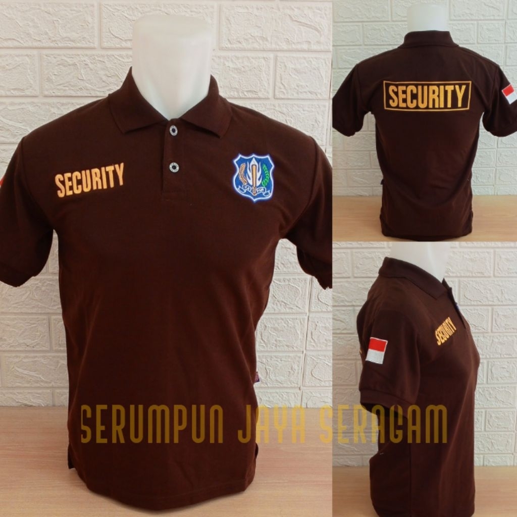 KAOS SECURITY COKLAT LOGO BIRU TULISAN KUNING FULL BORDIR - KAOS KERAH SECURITY COKLAT LOGO BIRU BOR