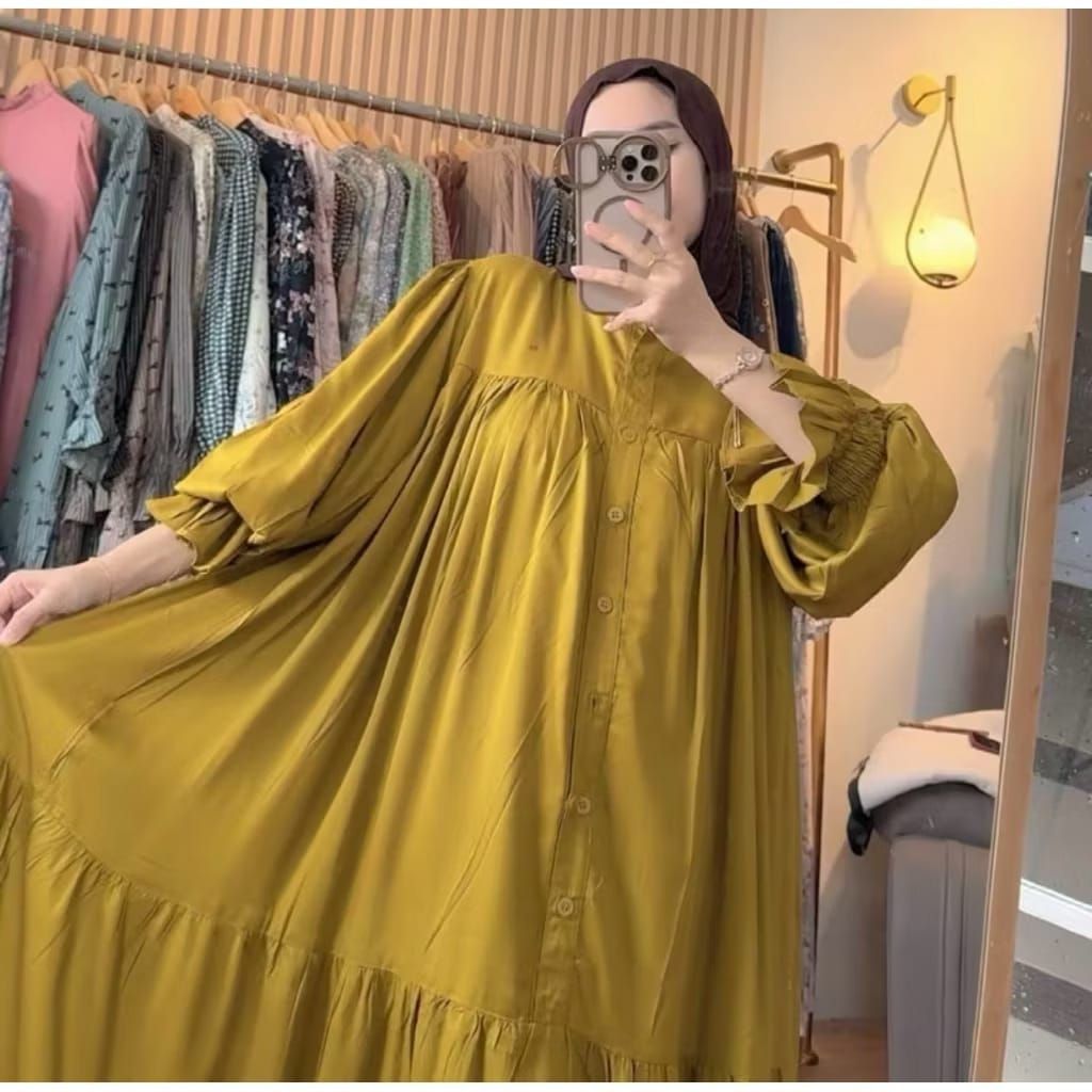 MIDI DRESS LENGAN BALON POLOS LD 120 RAYON TWILL DRESS JUMBO TERBARU