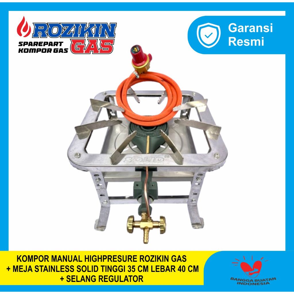 Rozikin Gas Kompor High Pressure Meja Stainless Solid 35x40 cm dengan Selang Regulator untuk Memasak