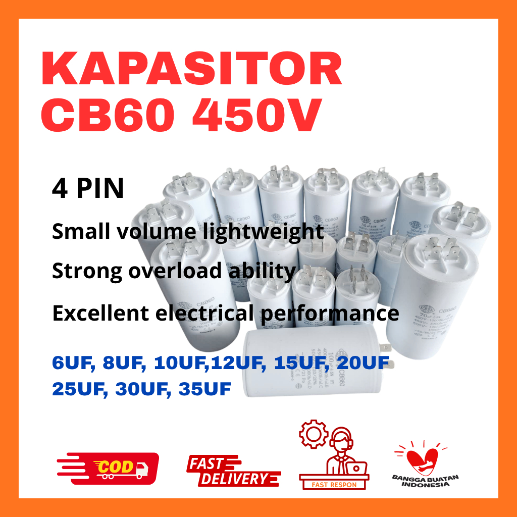 CBB60 450V Kapasitor Pompa Air 4 PIN 6UF 12UF 20UF 30UF 40UF 50UF 100UF