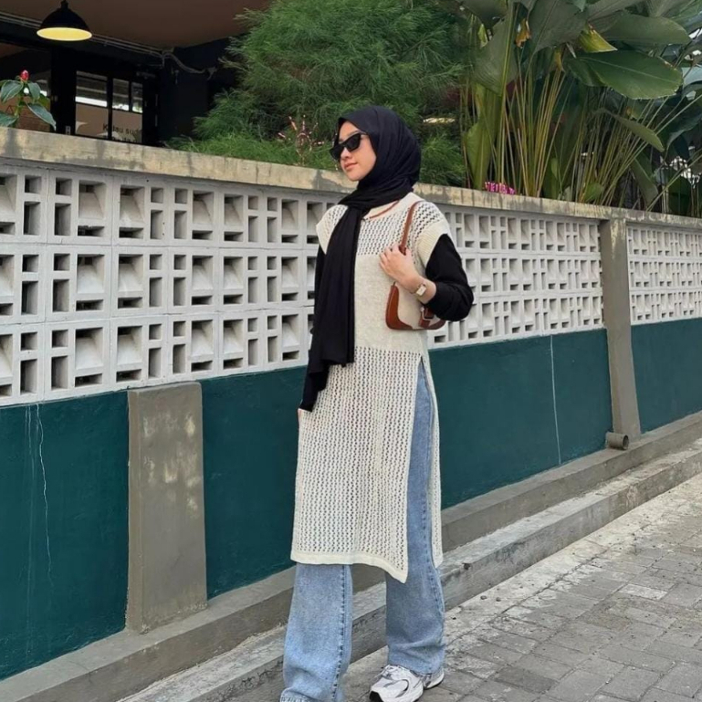 Ruby tunik jaring - Atasan wanita tanpa lengan - tunik rajut belah samping