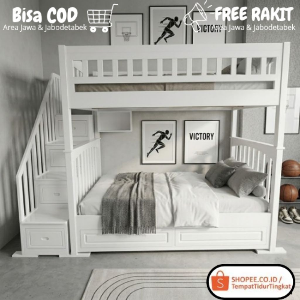 Ranjang Tingkat Kayu Minimalis Kokoh , Tempat Tidur Anak Multifungsi Tangga Laci