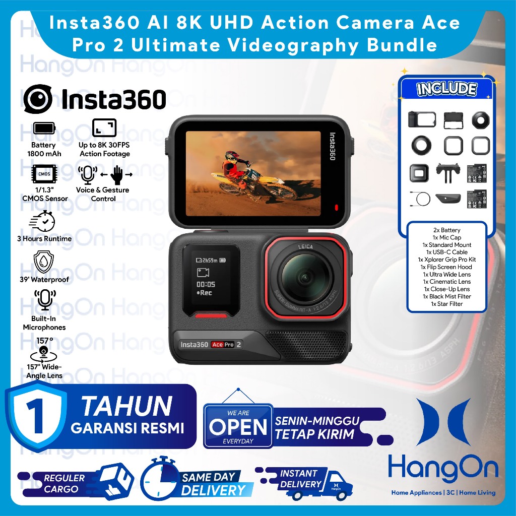 Insta360 Ace Pro 2 Action Camera - Kamera Aksi 4K 50MP dengan Stabilisasi FlowState dan Layar Sentuh Flip 2.5 Inci