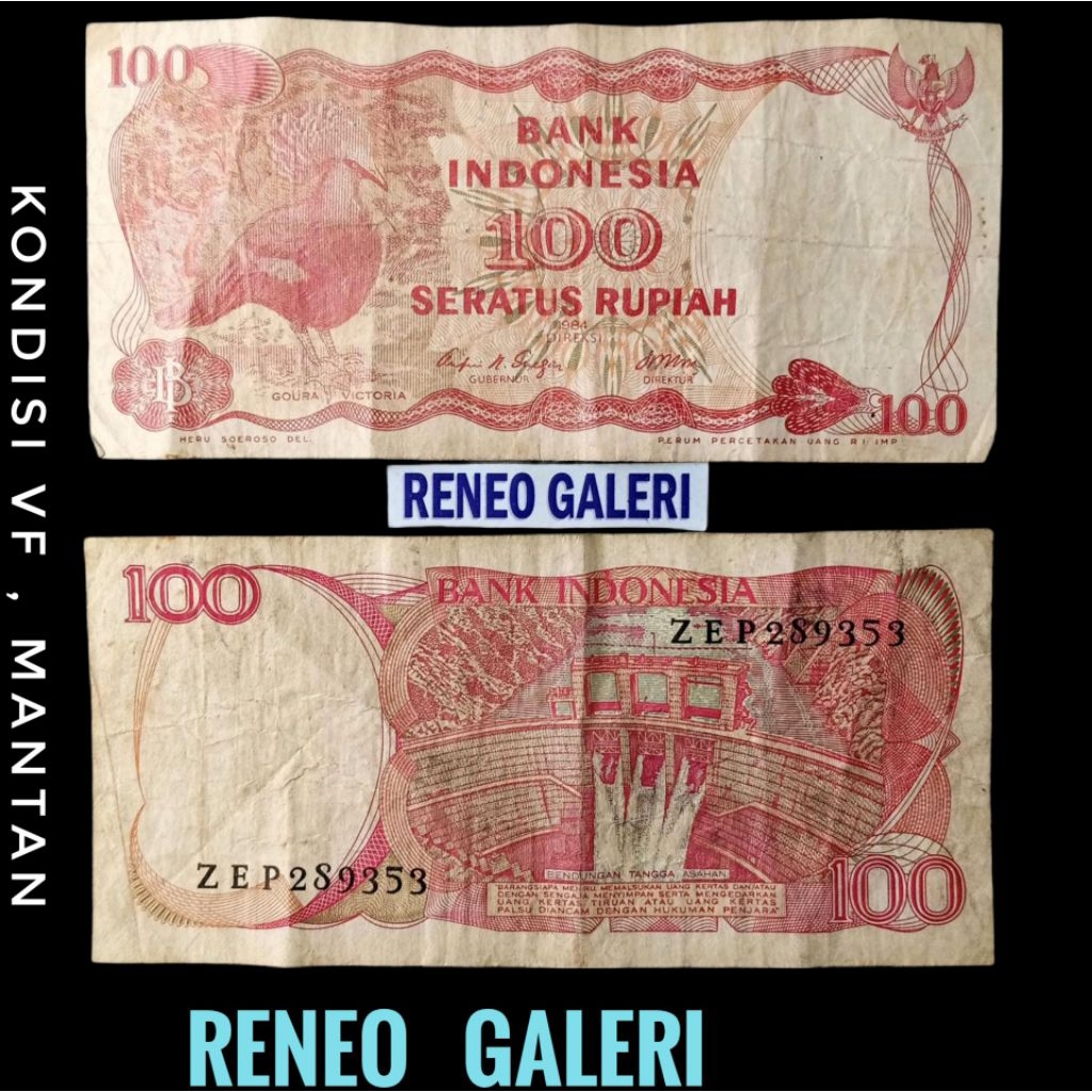 VF 100 Rupiah Burung Dara Merpati Mahkota Tahun 1984 Goura Victoria uang kertas kuno Indonesia bekas