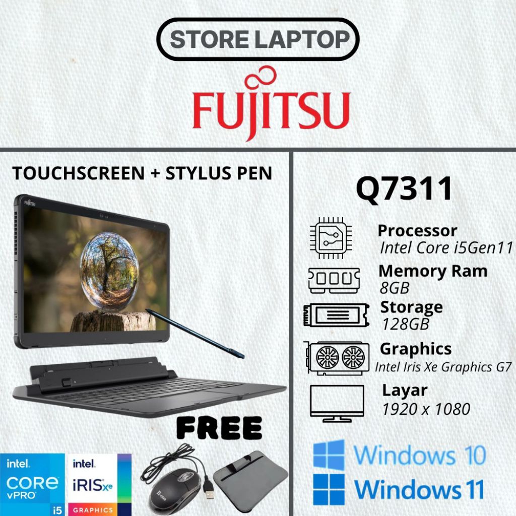 Laptop Tablet Fujitsu Q7311 | Intel Irish | i5 Gen11 | Ram 8GB | SSD 128GB | Include Keyboard + Pen 