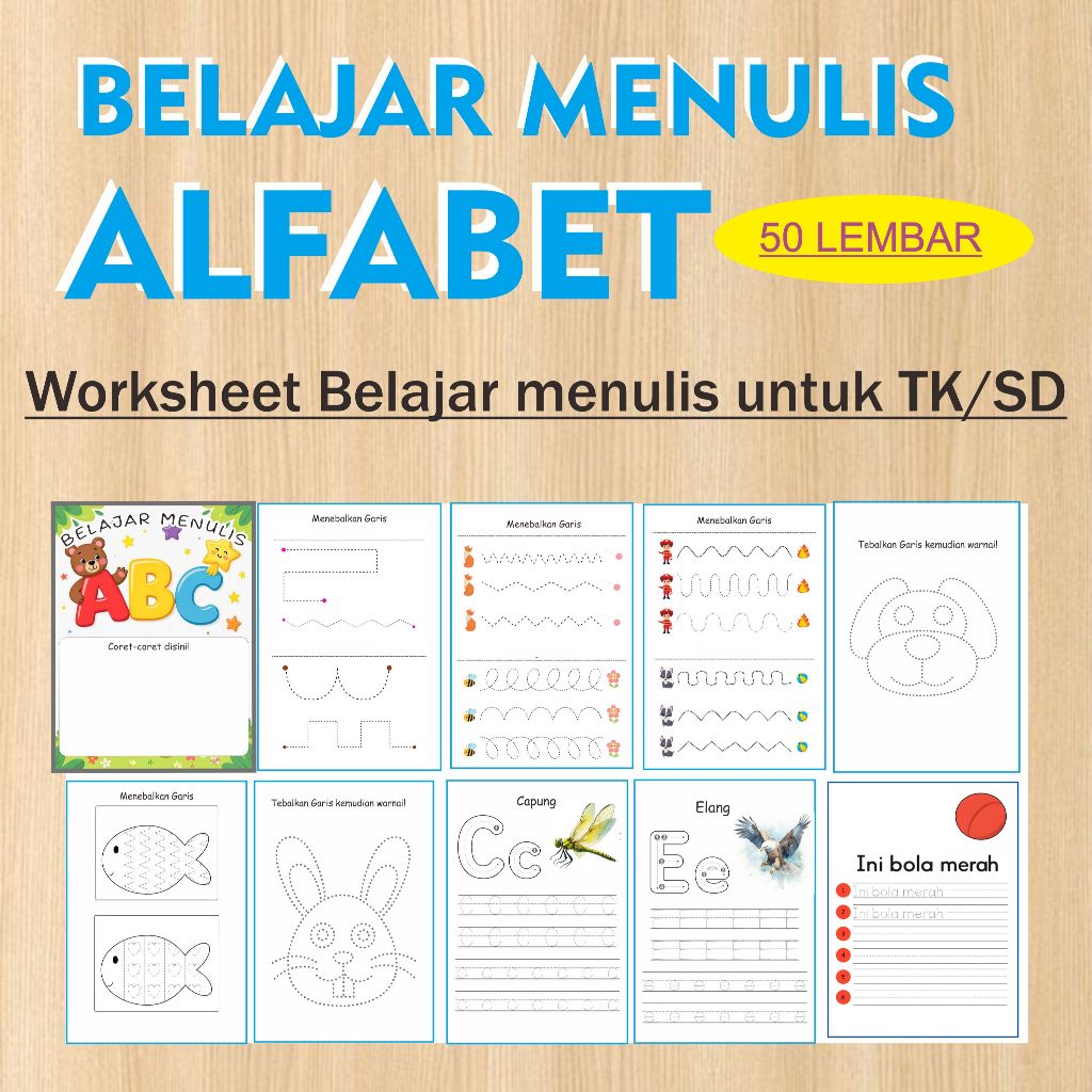 Worksheet Belajar Menulis Alfabet 50 Lembar Untuk Anak TK/SD Dengan Gambar Hewan