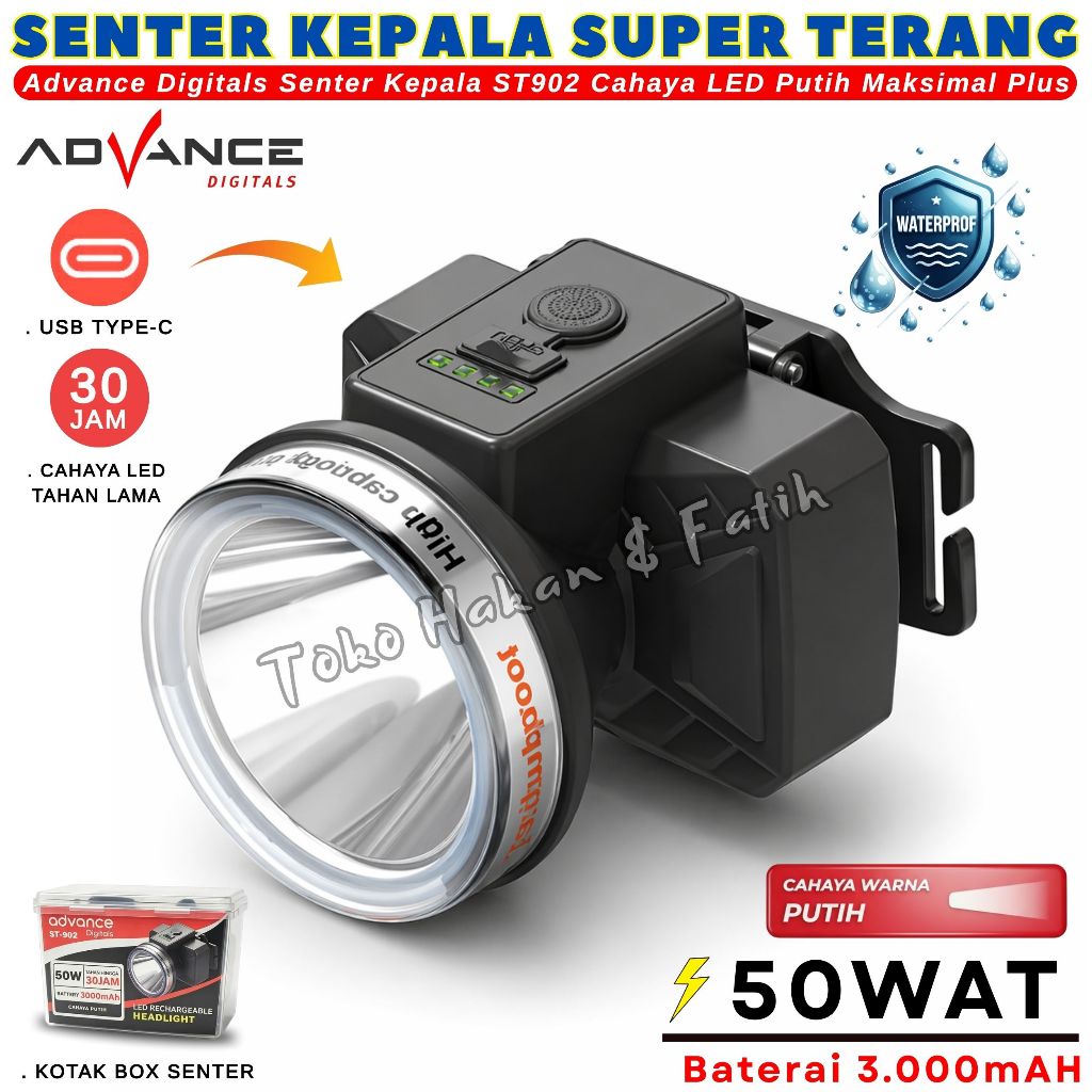 Promo~Headlamp Senter Kepala Super Terang | ADVANCE ST-902 , LED 50W Tahan Lama Type C Outdoor Hikin