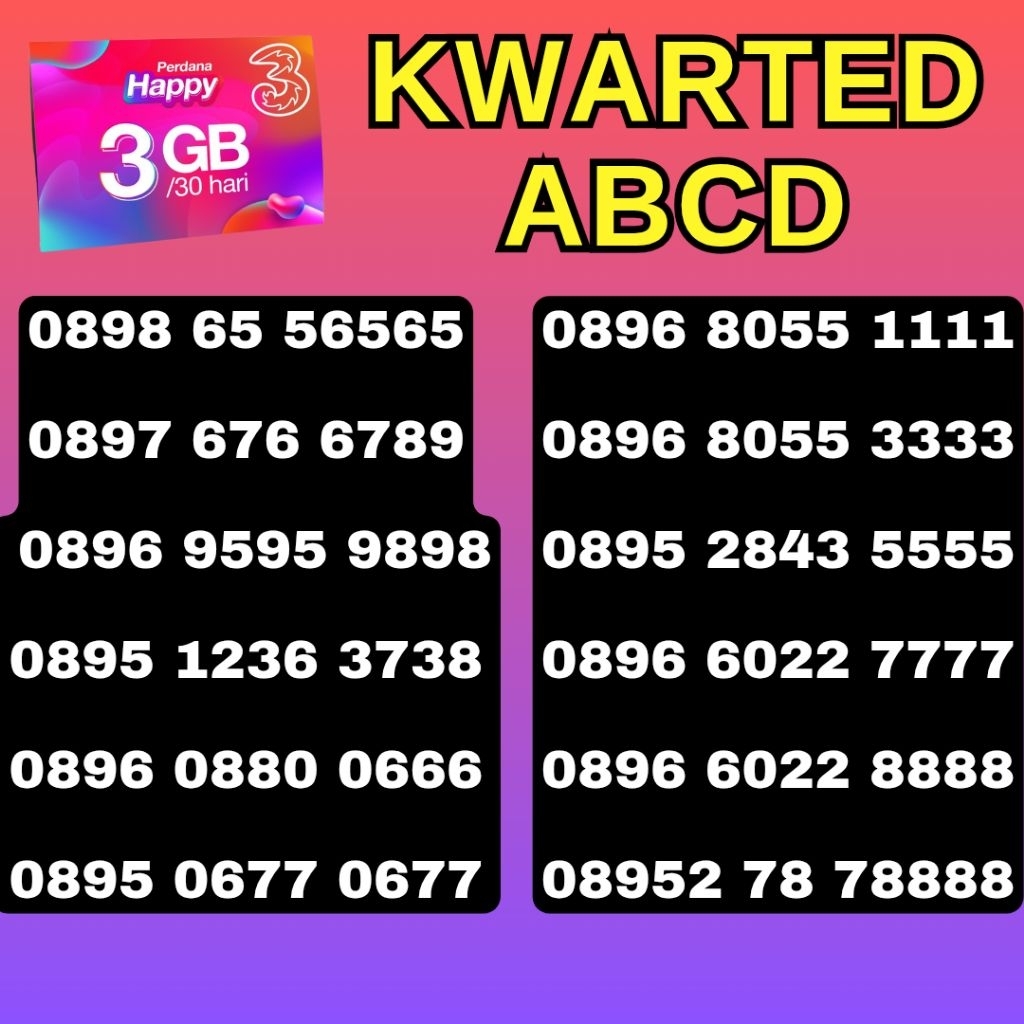 KOLEKSI 3 - NOMOR CANTIK THREE PANCA 7777 8888 9999 KARTU THREE NOMOR TRI KARTU PERDANA KUOTA 0 NOMO