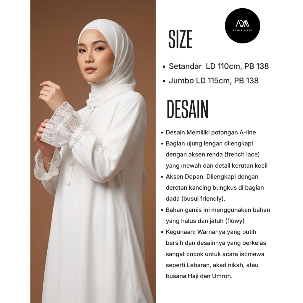 Atqia Mart Kamila Gamis Brukat Material Syakila AV Warna Putih Ukuran Setandar Jumbo Desain Elegan