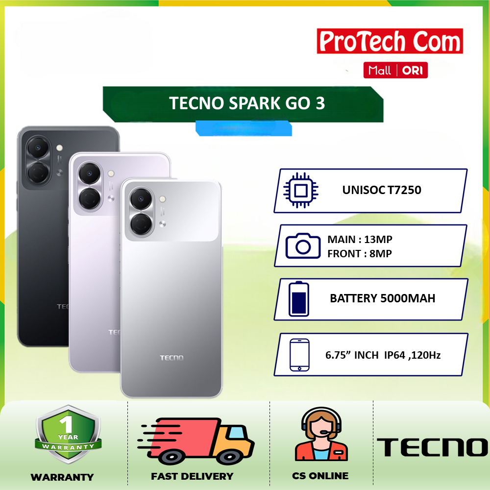 TECNO SPARK Go 3 4GB+4GB*/64GB, IP64, 6.75" HD+, 120Hz Smooth Display, 5000mAh, 15W* Charging