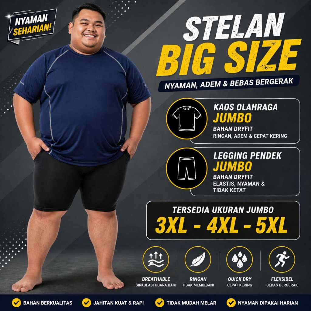 Stelan Baju Olahraga Jumbo Pria Celana Legging Pendek Jumbo 3XL-5XL