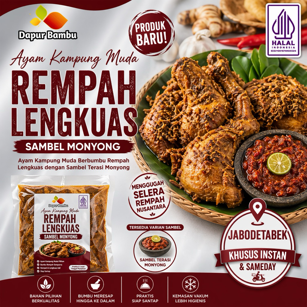 Ayam Kampung Muda Sambel Monyong 1 Ekor 5 Potong / Ayam kampung Ungkep Presto Bumbu Kuning / Dapur B