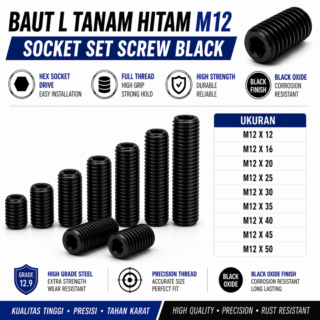 Baut L Tanam M12X12 / L Set 12X12 / Baut Tanam L M12 X 12 / L Set Hitam 12 X 12  - Socket Set Screw 